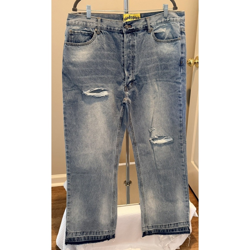 Godspeed Jeans Sid Vicious Denim Mens Blue Straight Leg Distressed Size 36x32